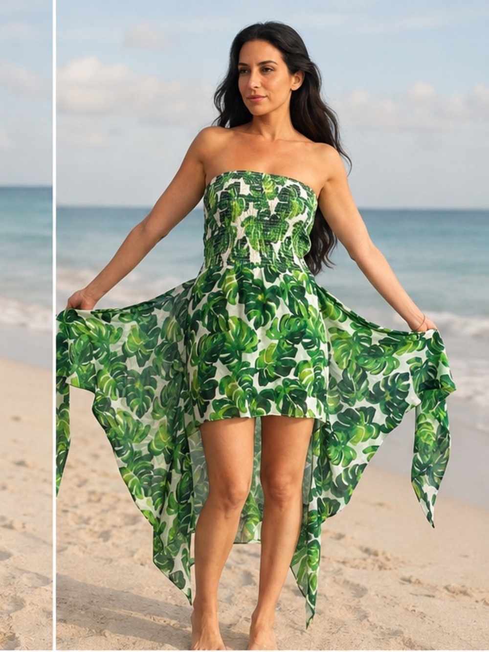 NWT Caroline Constas Nicola Midi Dress/Coverup in White Green Palm Leaf XS-S